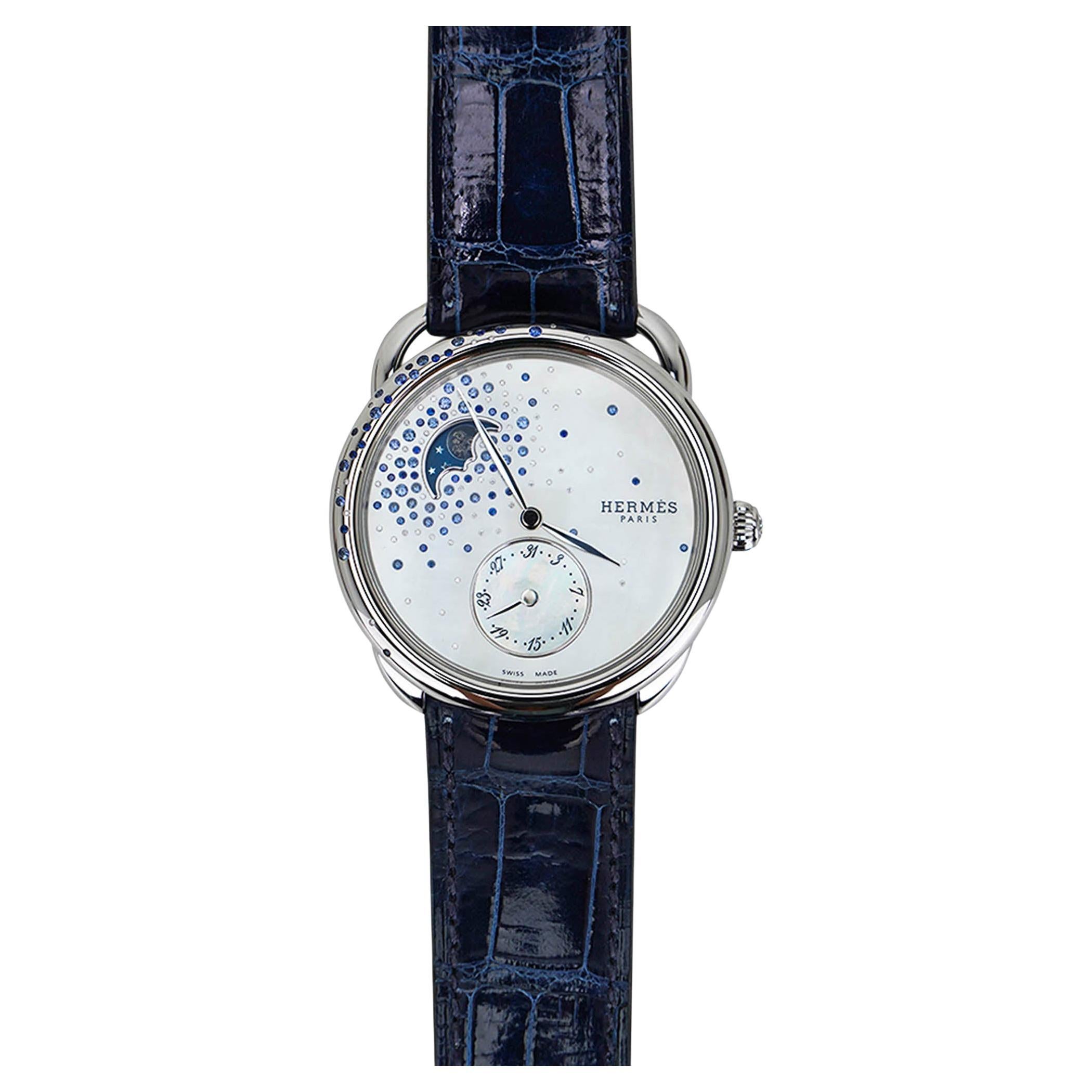 Hermes Watch Arceau Petite Lune Large Model 38 mm Moon Phase Sapphires Diamonds For Sale