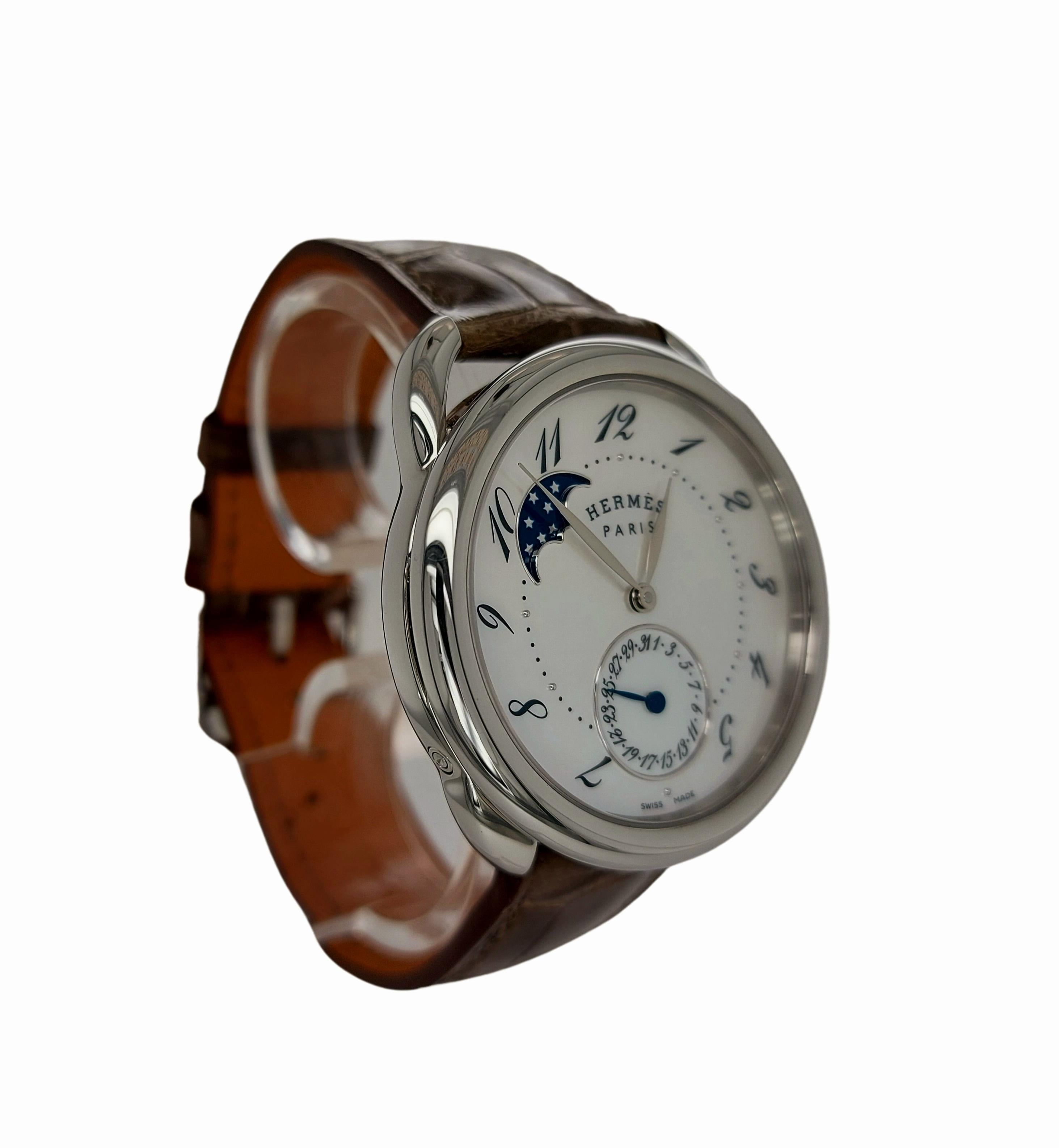 Hermes Watch Arceau Petite Lune Moon Phase Watch MOP Dial In New Condition In Antwerp, BE
