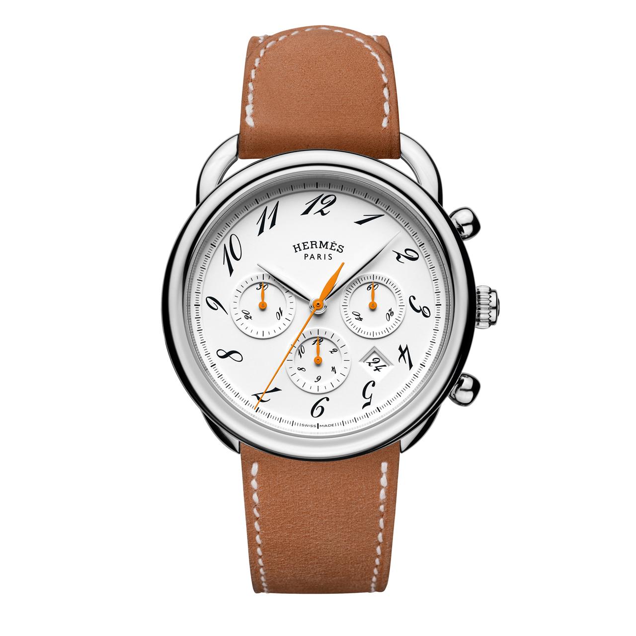 Hermes Arceau Chronograph. 43mm Stainless steel round case. Leather strap. Automatic movement.
White dial, three white counters, hour totalizer at 6 o'clock, minute totalizer at 9 o'clock, small seconds at 3 o'clock. Original box and papers. 