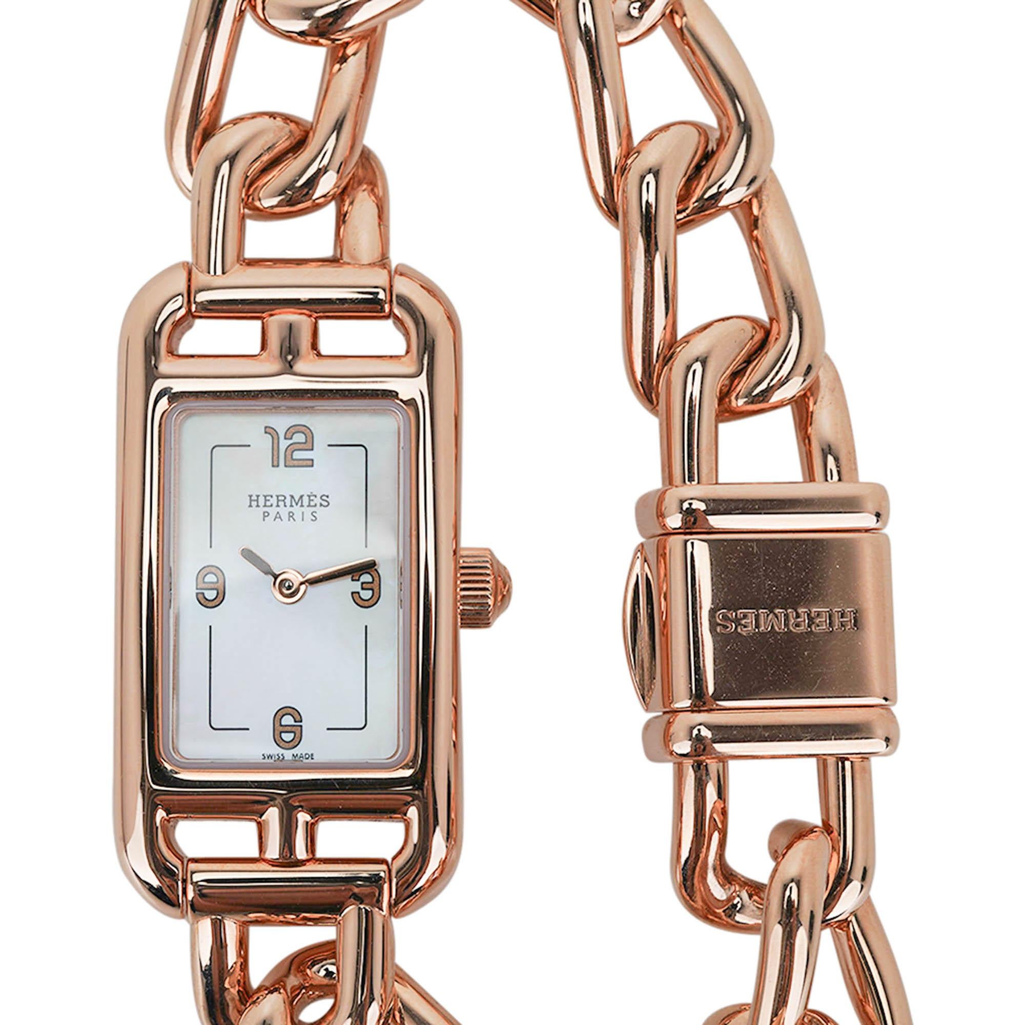 Mightychic offers an Hermes Nantucket Small Model watch featured in 18k Rose Gold.
This beautiful watch is the 29 mm small model with Rose Gold bracelet.
White Mother of Pearl dial with hour functions only.
Made in Switzerland with quartz