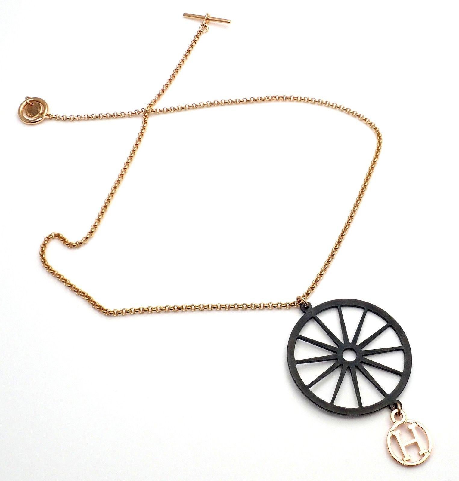 Hermes Wheel Pendant Toggle Chain Rose Gold Necklace 3