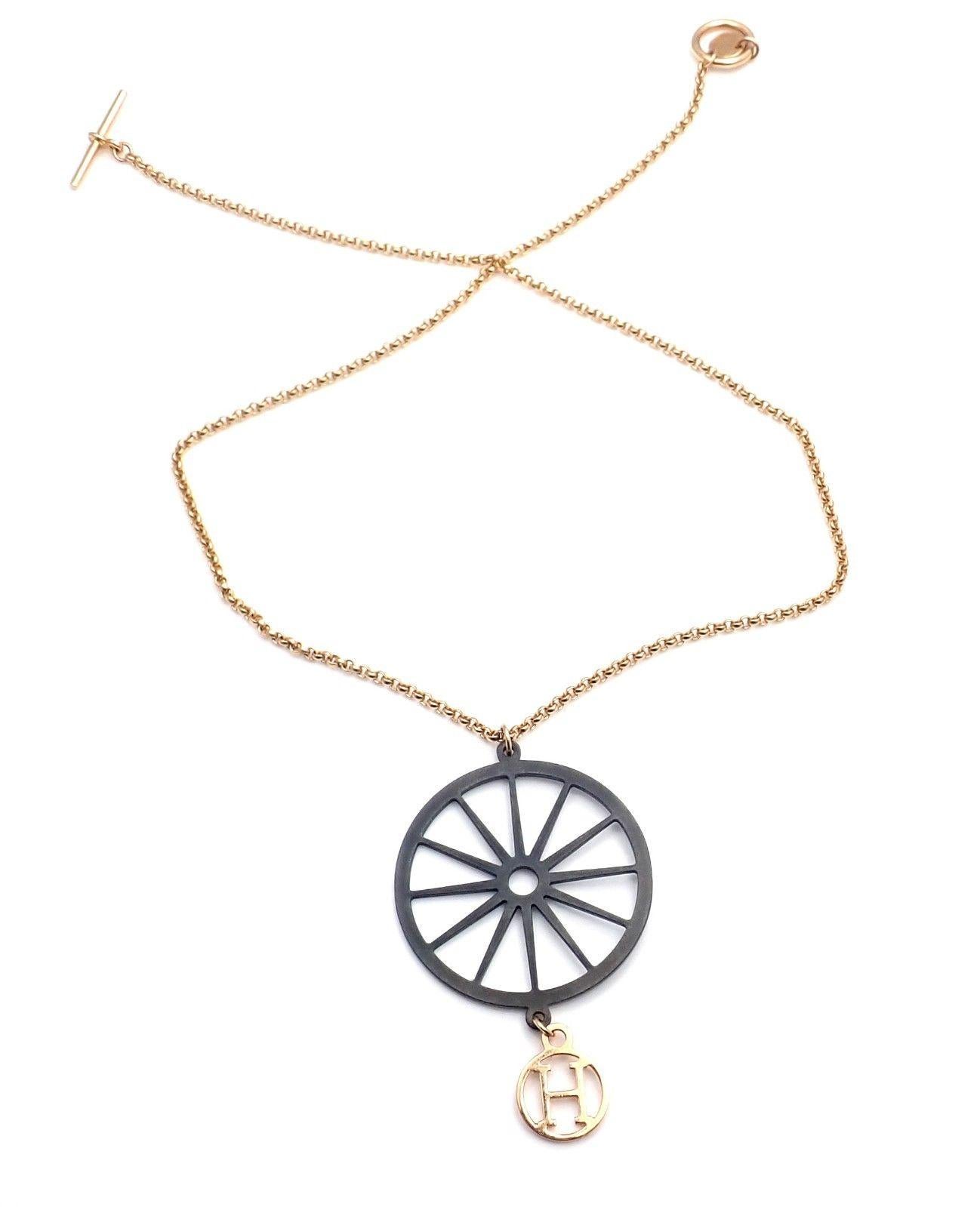 Hermes Wheel Pendant Toggle Chain Rose Gold Necklace 5