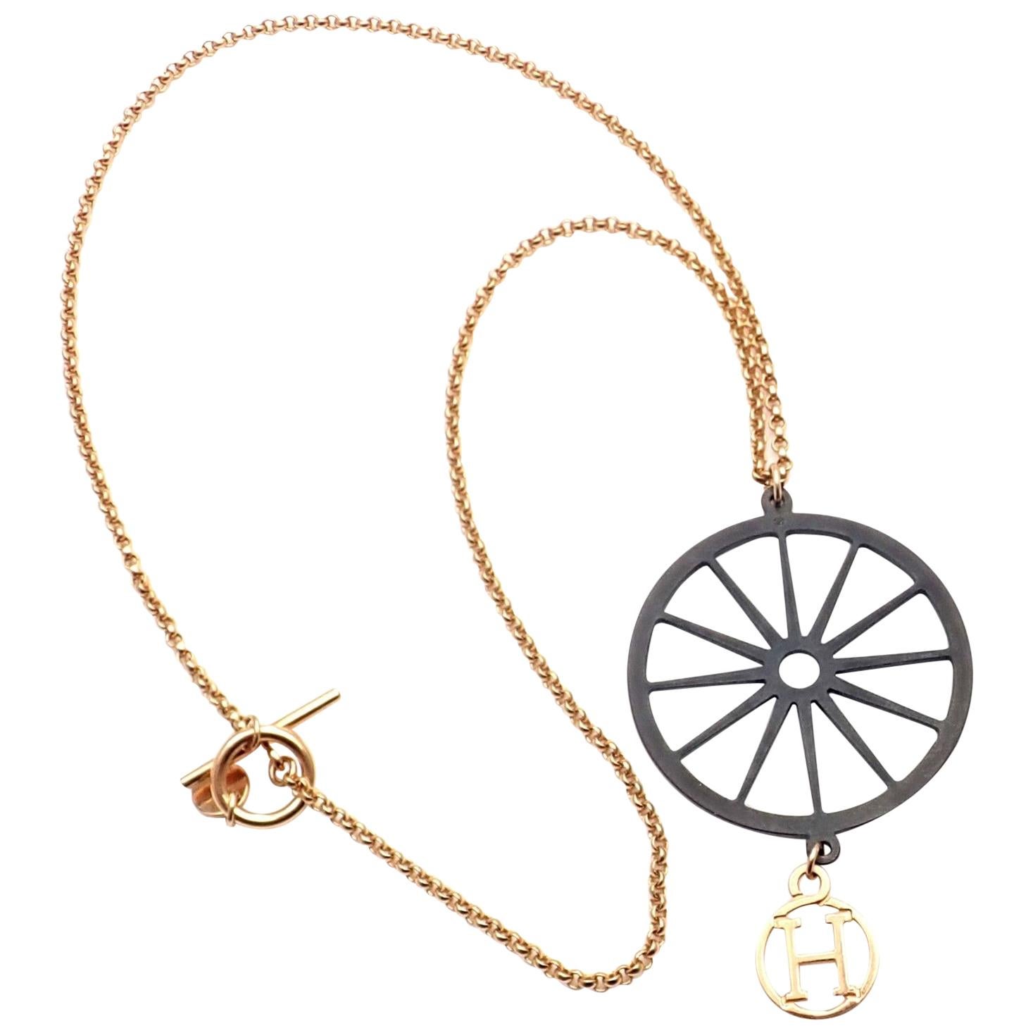 Hermes Wheel Pendant Toggle Chain Rose Gold Necklace