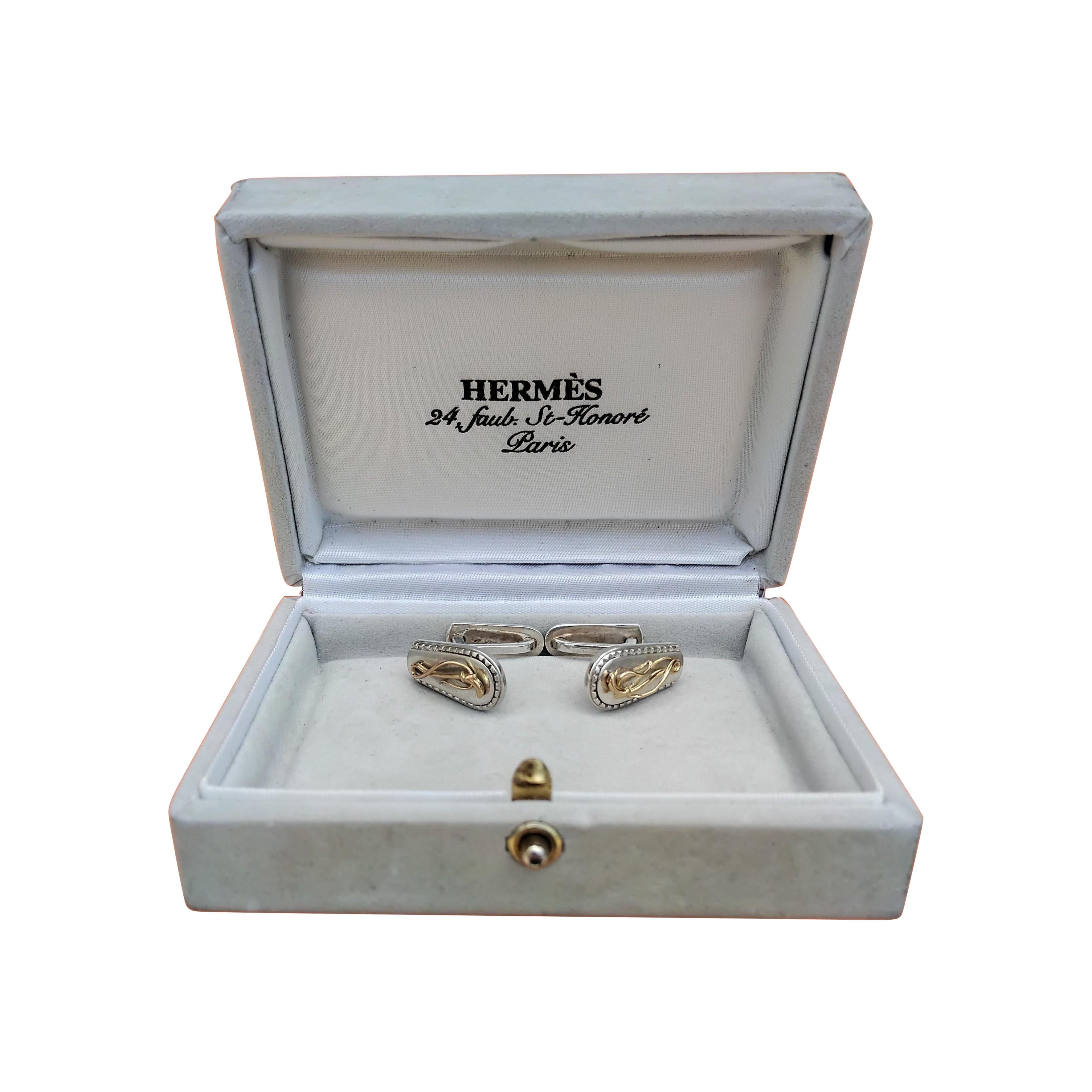 Boutons de manchette Hermès Fouet Lasso Or Argent Cheval Equitation Texas en vente 12