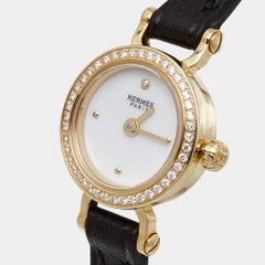 Hermes White 18k Yellow Gold Diamond Calfskin Faubourg W049308WW00 Women's Wrist