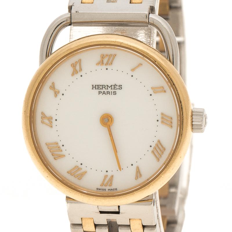 Hermes White 18K Yellow Gold Plated And Stainless Steel Arceau Women's Wristwatc 1