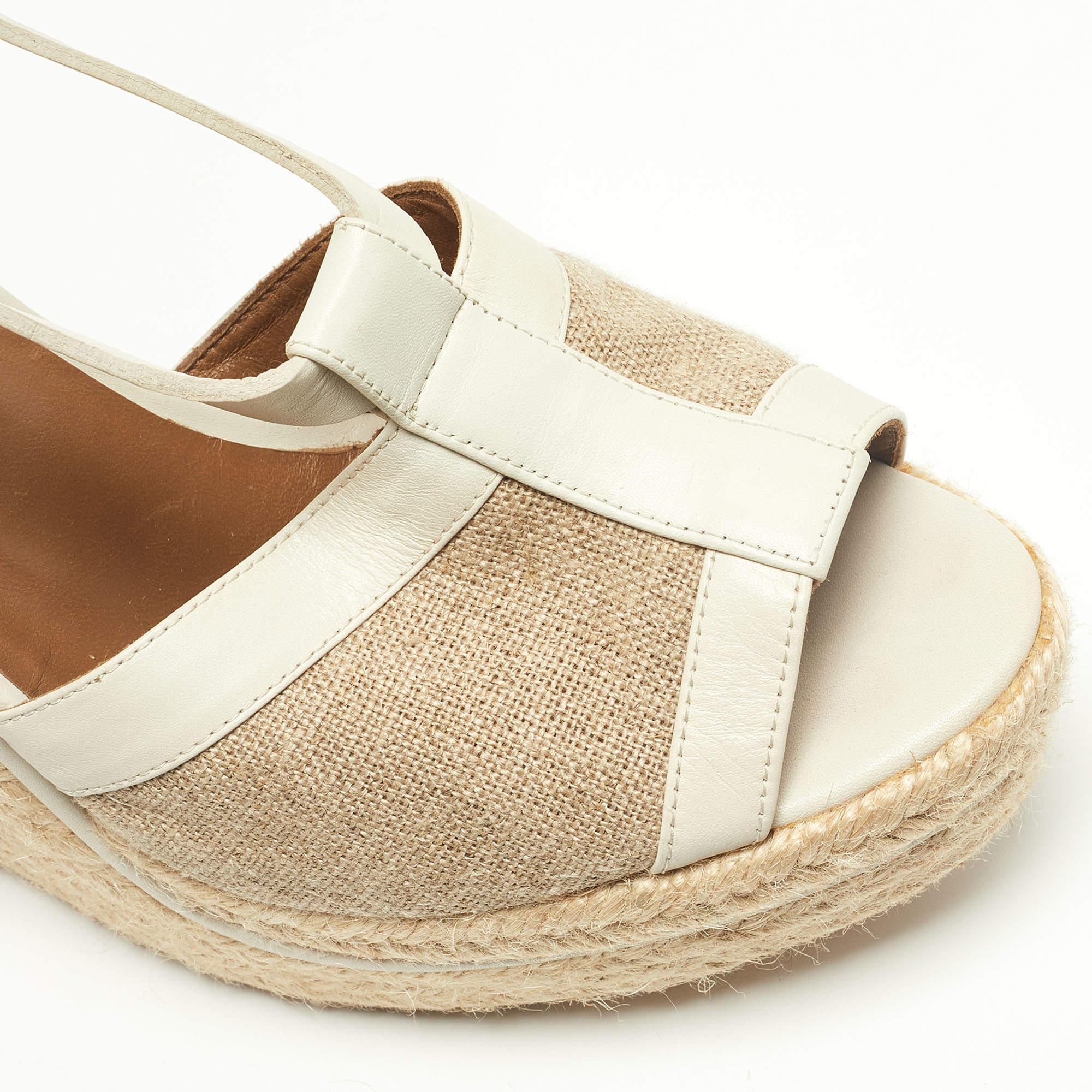 Hermes White/Beige Leather and Canvas Ibiza Espadrille Wedge Sandals Size 39 4