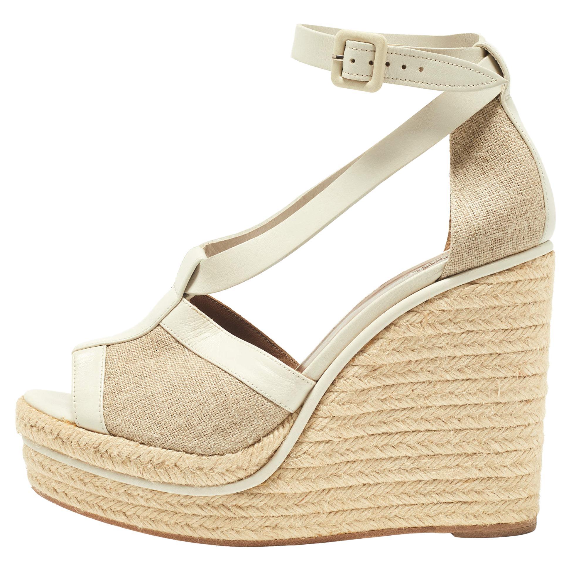 Hermes White/Beige Leather and Canvas Ibiza Espadrille Wedge Sandals Size 39