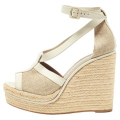 Hermes White/Beige Leather and Canvas Ibiza Espadrille Wedge Sandals Size 39