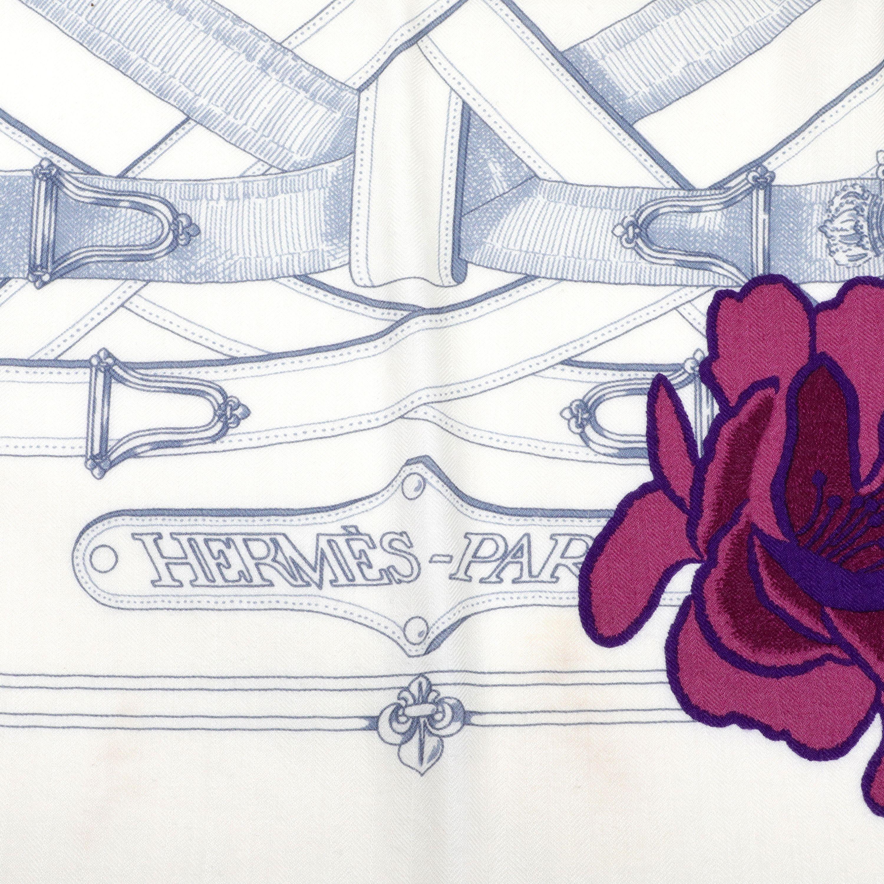 Gray Hermès White Belts and Stirrups Floral Scarf