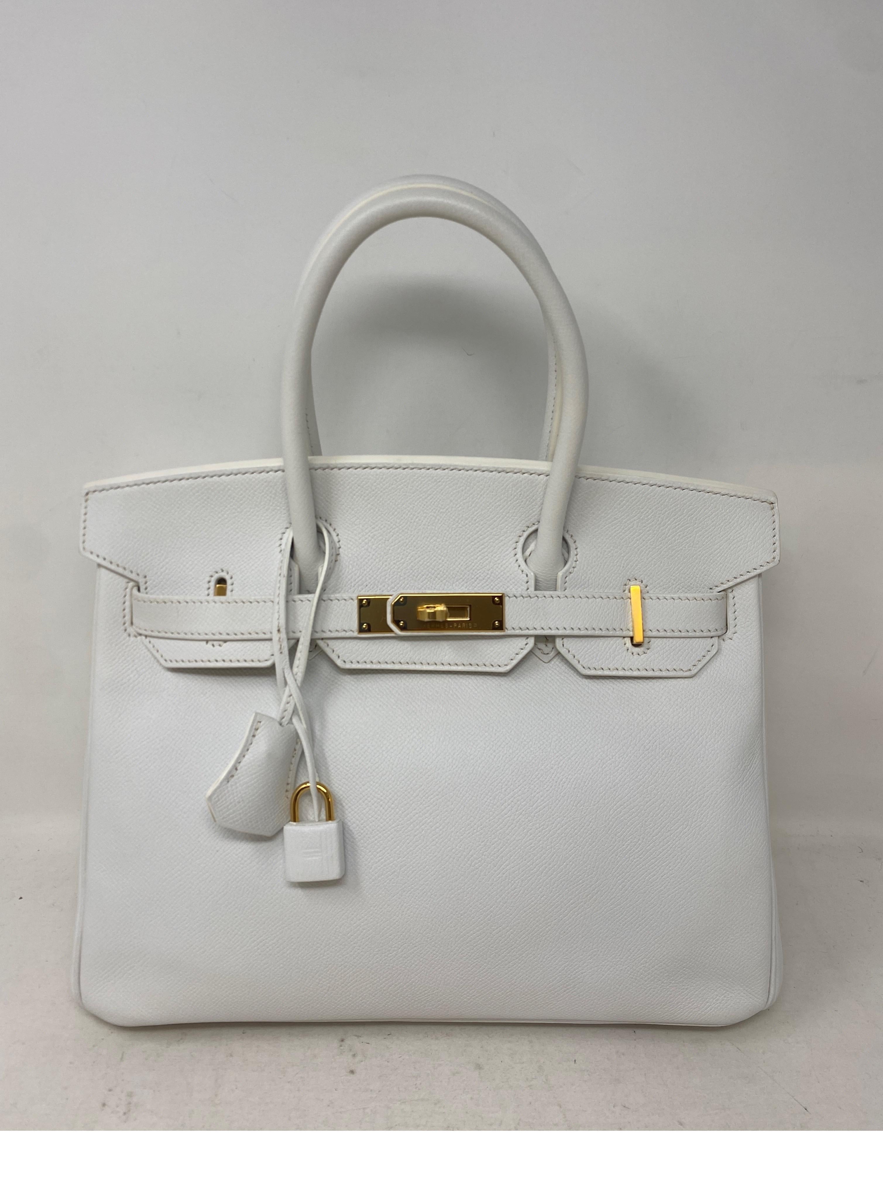 Hermes White Birkin 30 Bag. Gold hardware. Excellent like new condition. Epsom leather. Rare white color in most wanted size. Includes clochette, lock, keys, and dust bag. Guaranteed authentic. 