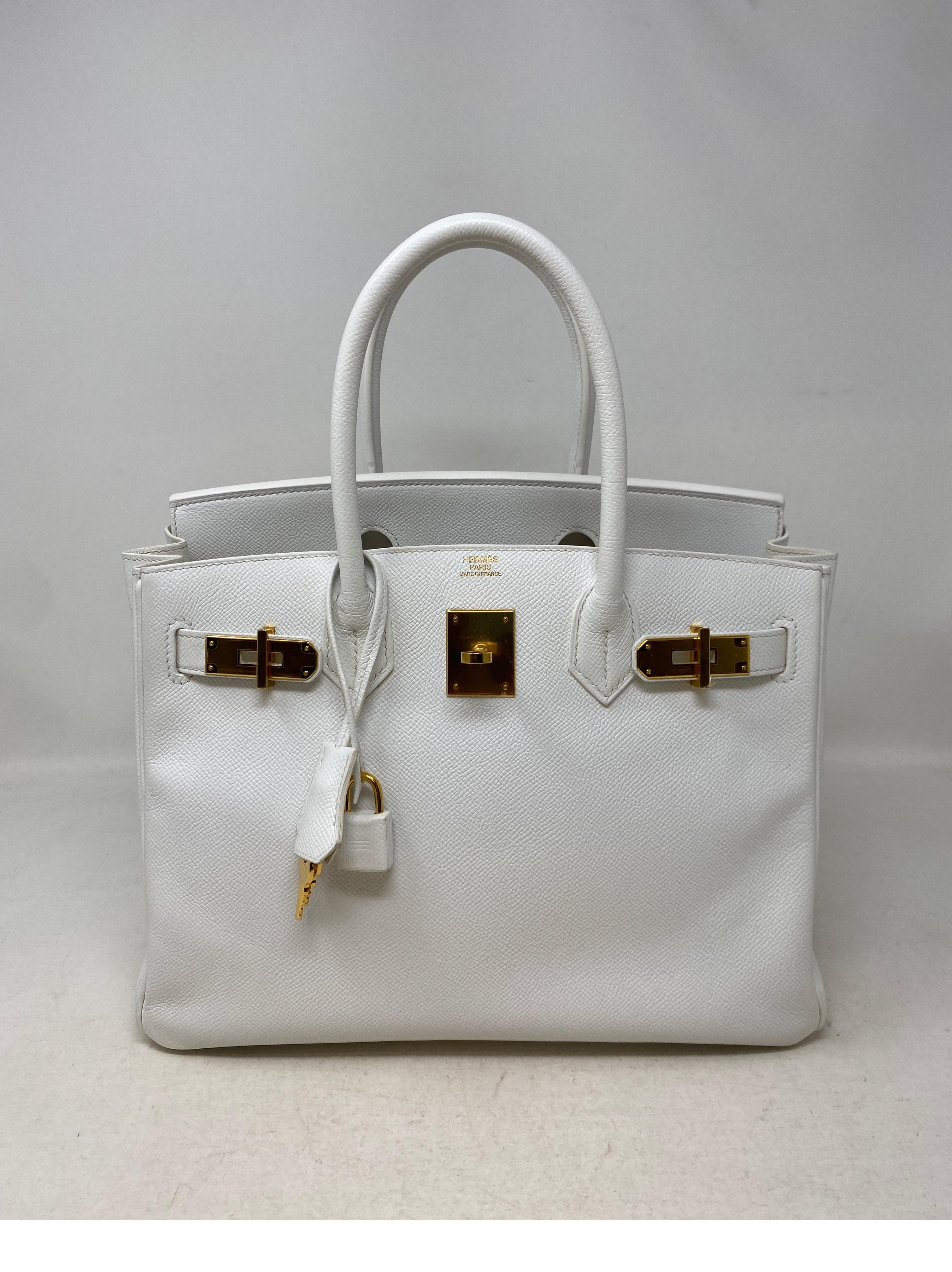 Hermes White Birkin 30 Bag. White epsom leather with gold hardware. Rare white Birkin. The most wanted size 30. Excellent condition. Interior clean. Includes clochette, lock, keys, and dust bag. Guaranteed authentic. 