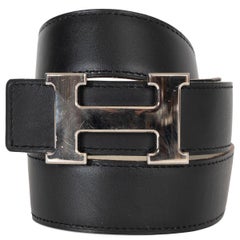 HERMES white & black leather 32MM REVERSIBLE H Buckle Belt 85