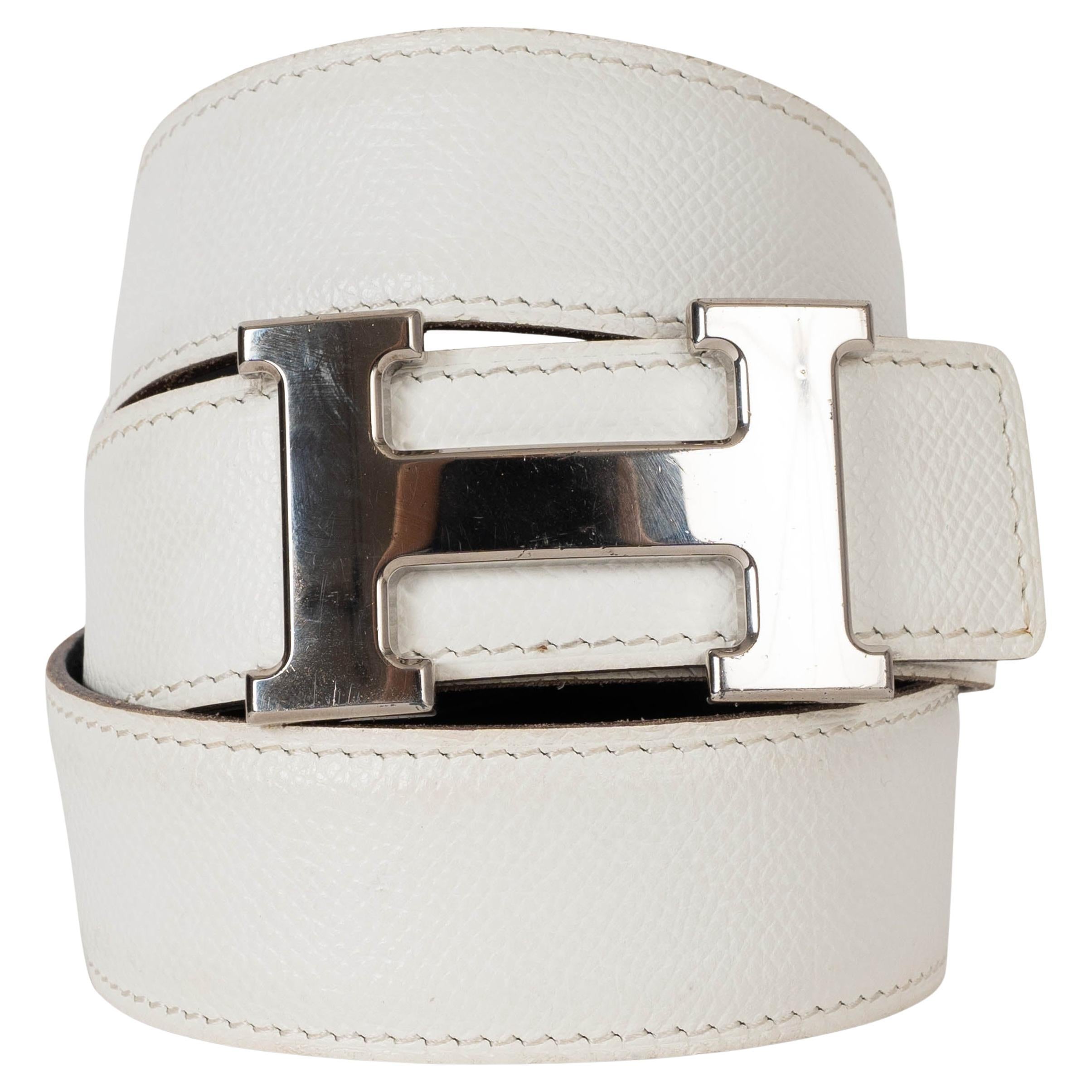 HERMES white & black leather 32MM REVERSIBLE H Buckle Belt 85 For Sale