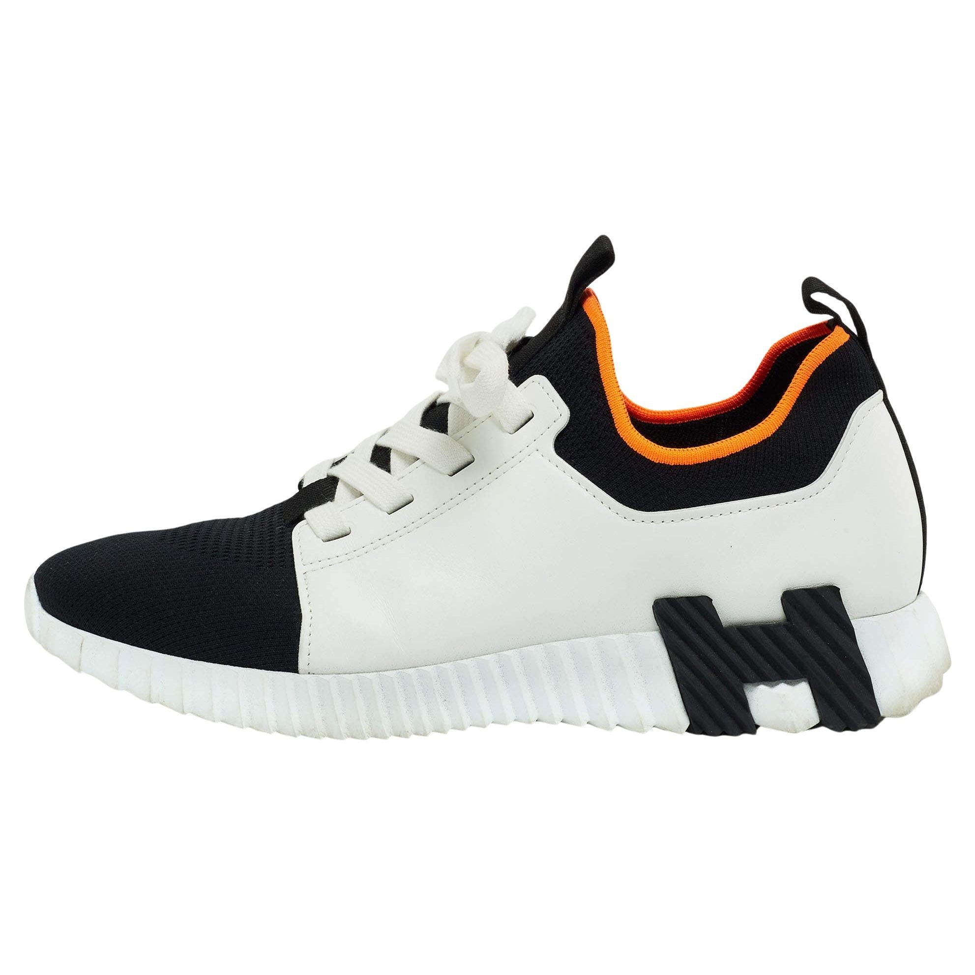 Hermes White/Black Leather and Knit Fabric Depart Sneakers Size 42