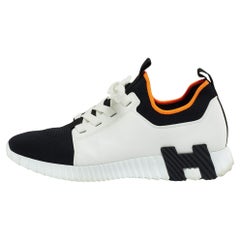 Hermes White/Black Leather and Knit Fabric Depart Sneakers Size 42