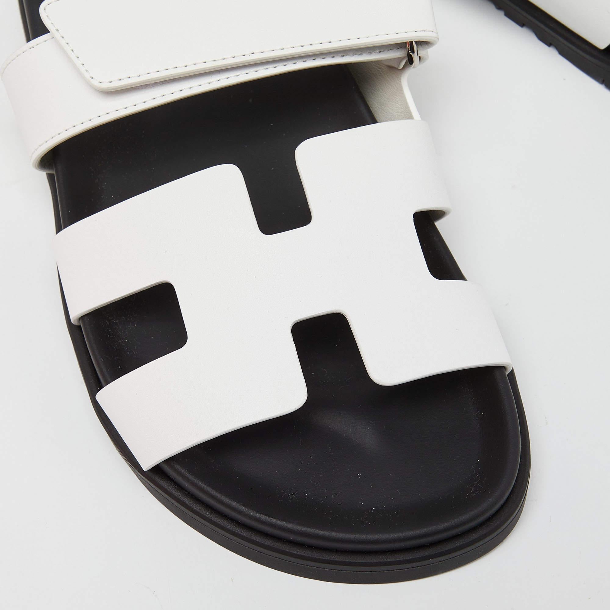 Women's Hermes White/Black Leather Chypre Sandals Size 36