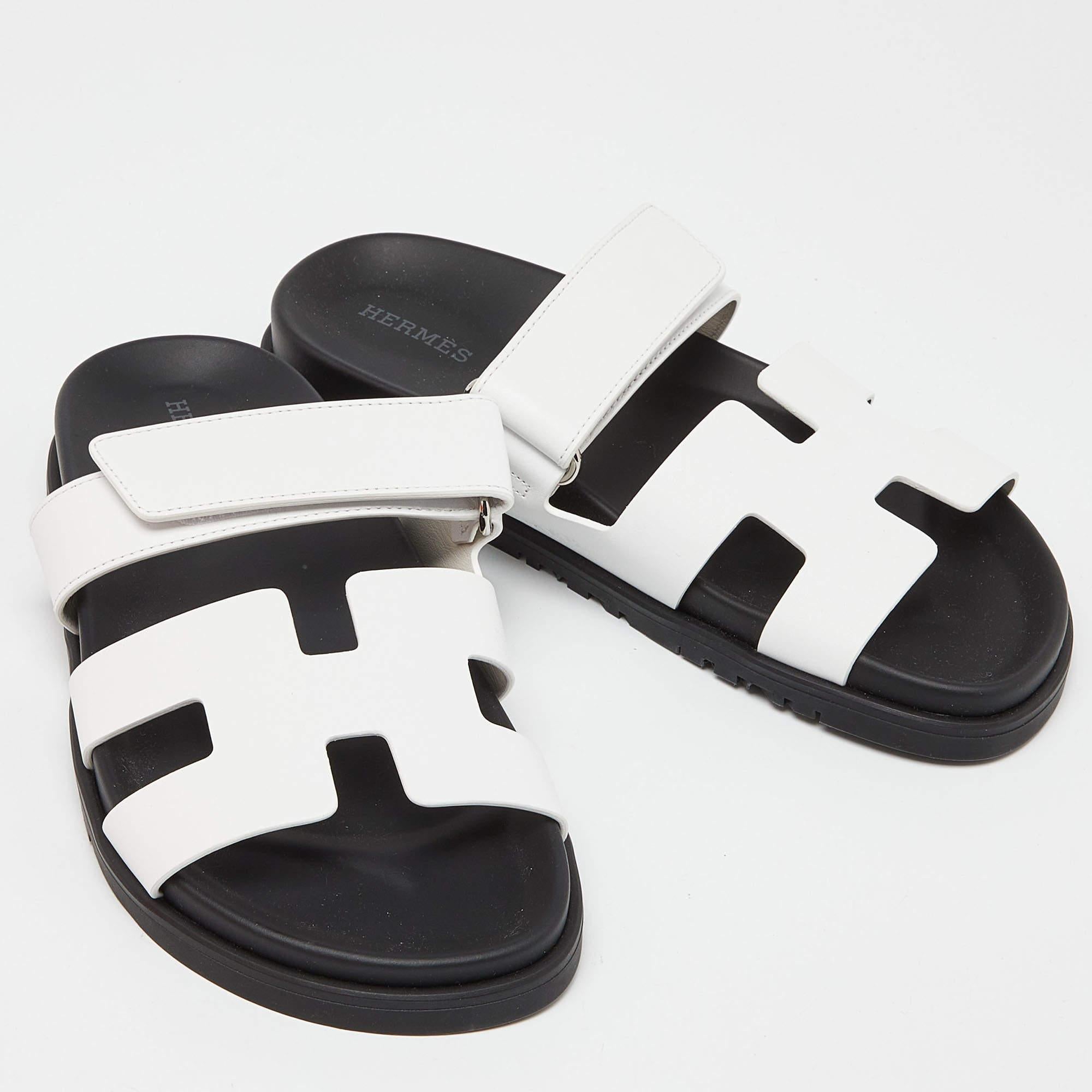 Hermes White/Black Leather Chypre Sandals Size 36 1