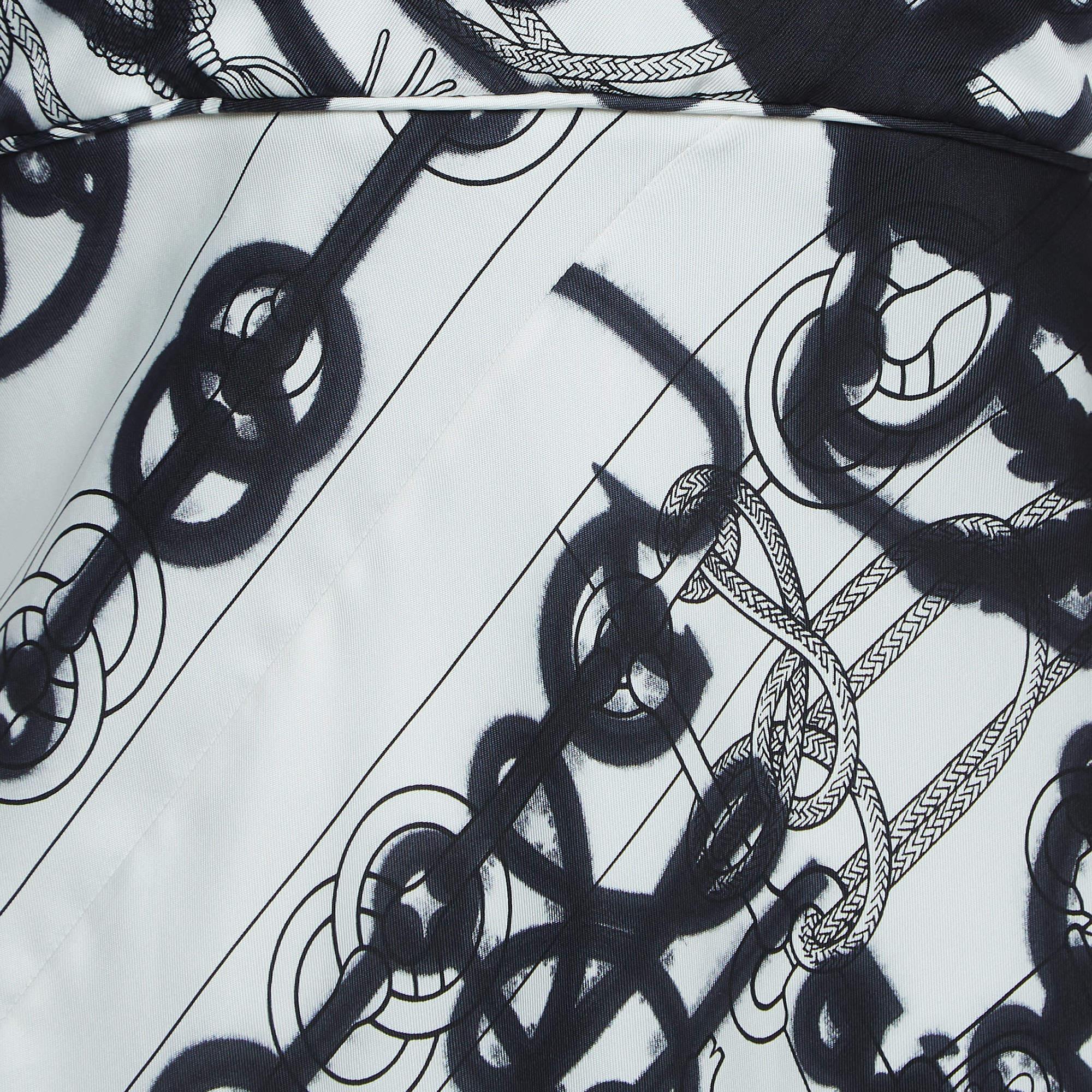 Gray Hermes White/Black Printed Silk Twill Midi Dress M