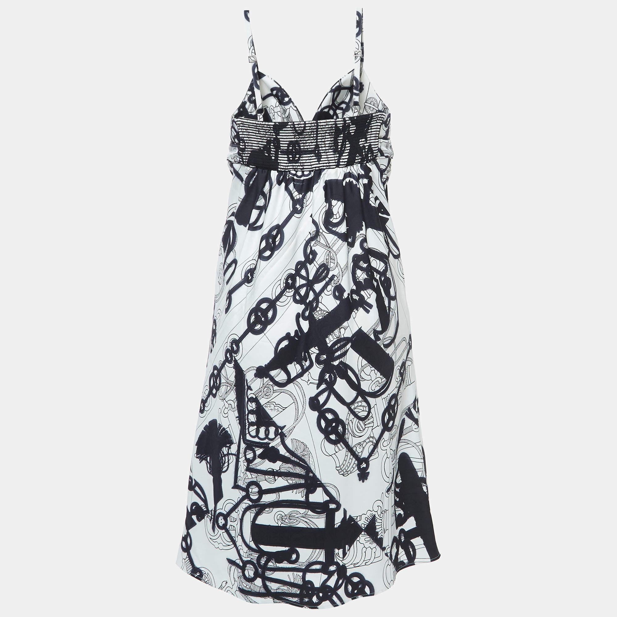 Hermes White/Black Printed Silk Twill Midi Dress M In New Condition For Sale In Dubai, Al Qouz 2