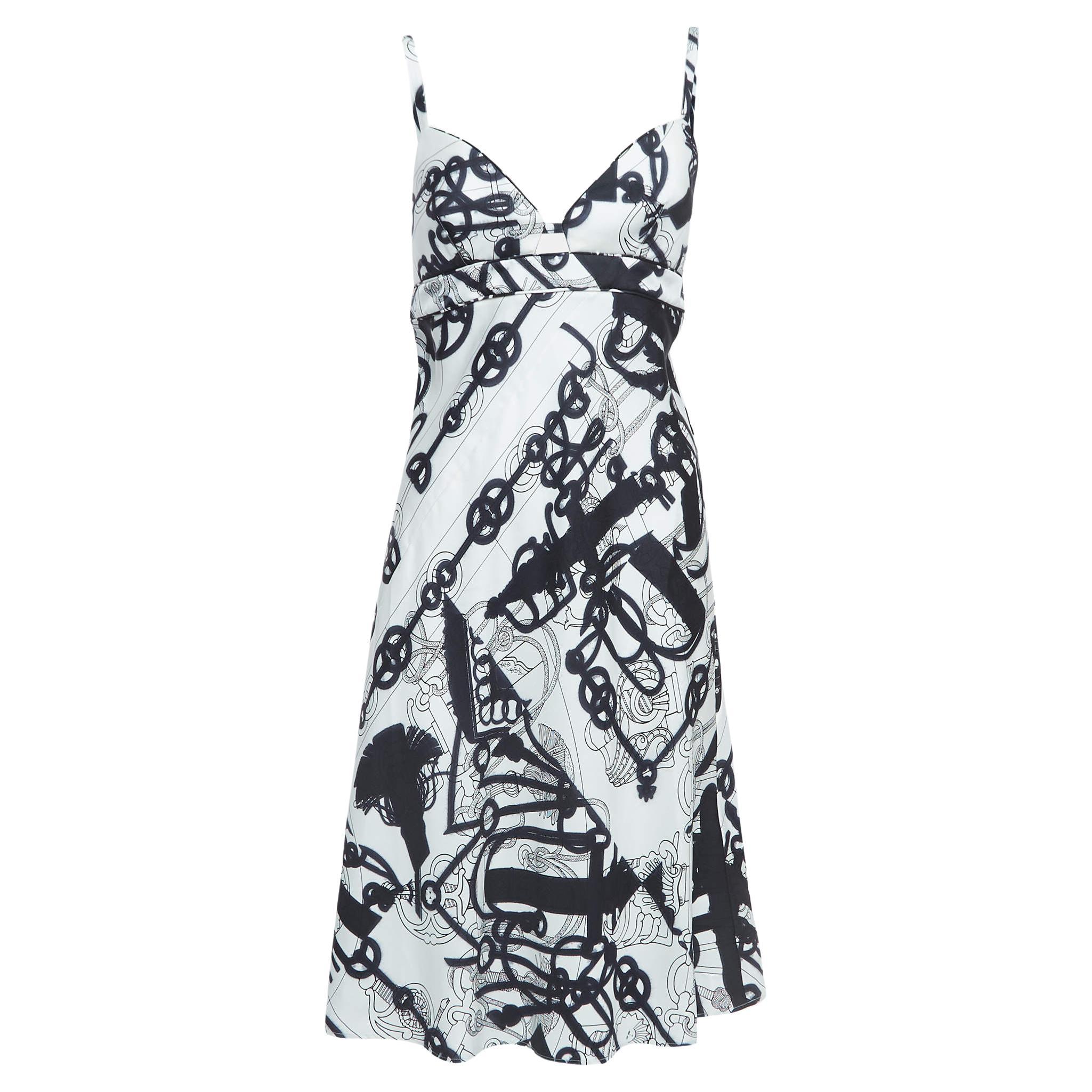 Hermes White/Black Printed Silk Twill Midi Dress M For Sale