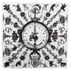 HERMES white & black silk SERIO LUDERE 90 Twill Scarf Blanc Noir Blanc