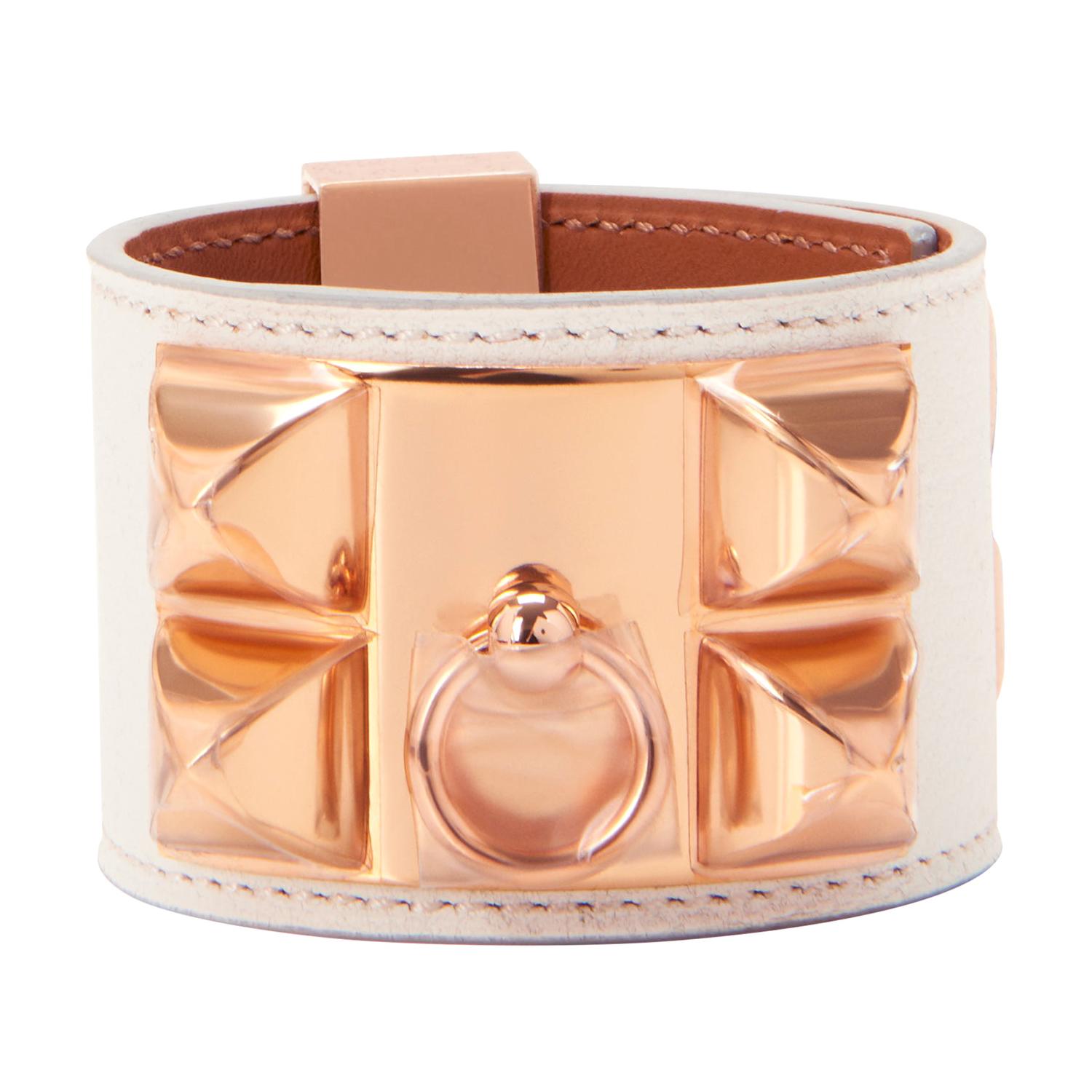 Hermes White Blanc Collier de Chien CDC Cuff Bracelet Swift Rose Gold
