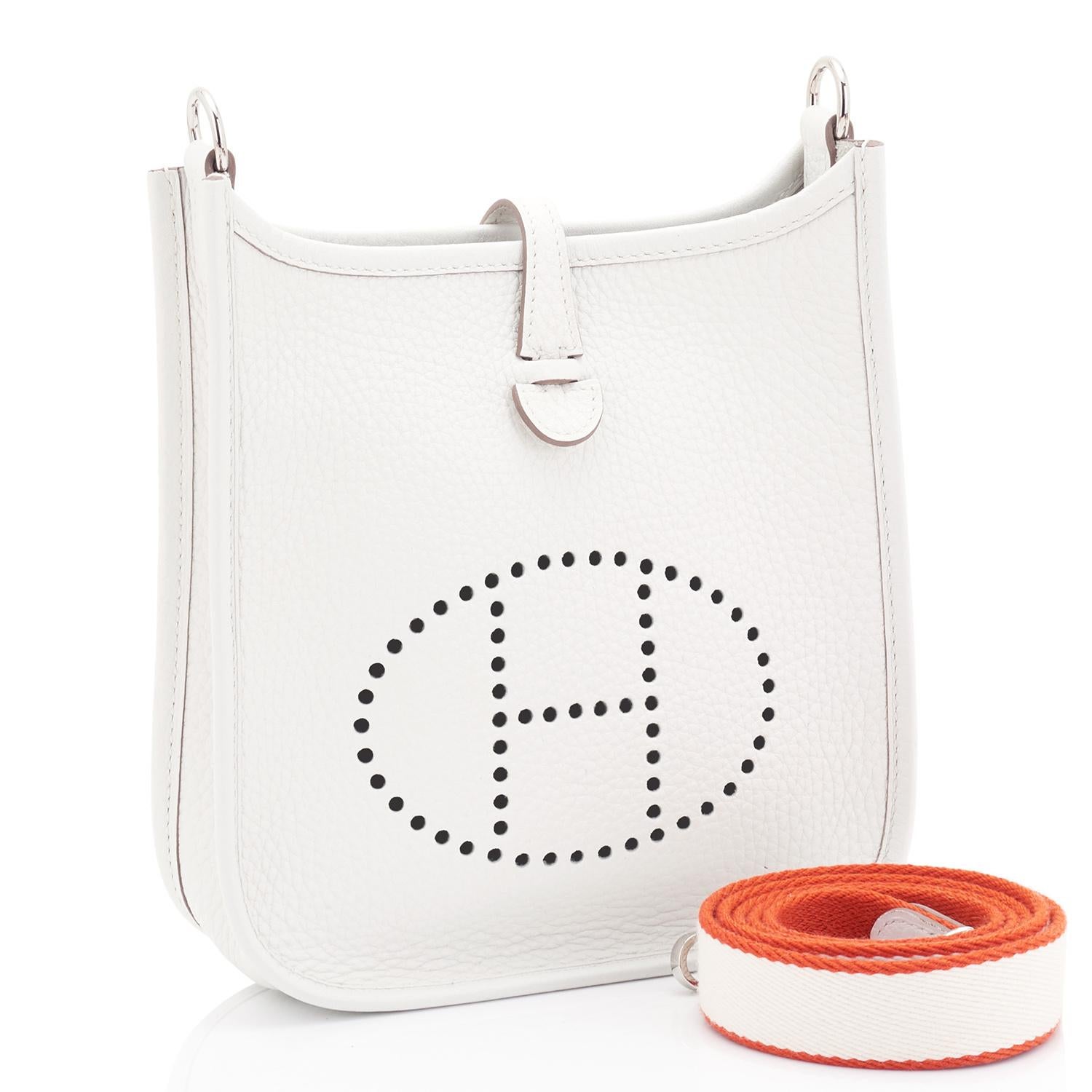 Hermes White Blanc Evelyne TPM Shoulder Cross Body Messenger Bag NEW
Brand New in Box. Store Fresh. Pristine Condition.
Perfect gift! Coming in full set with shoulder strap, Hermes sleepers, and Hermes box. 
This rare White Evelyne Tres Petite