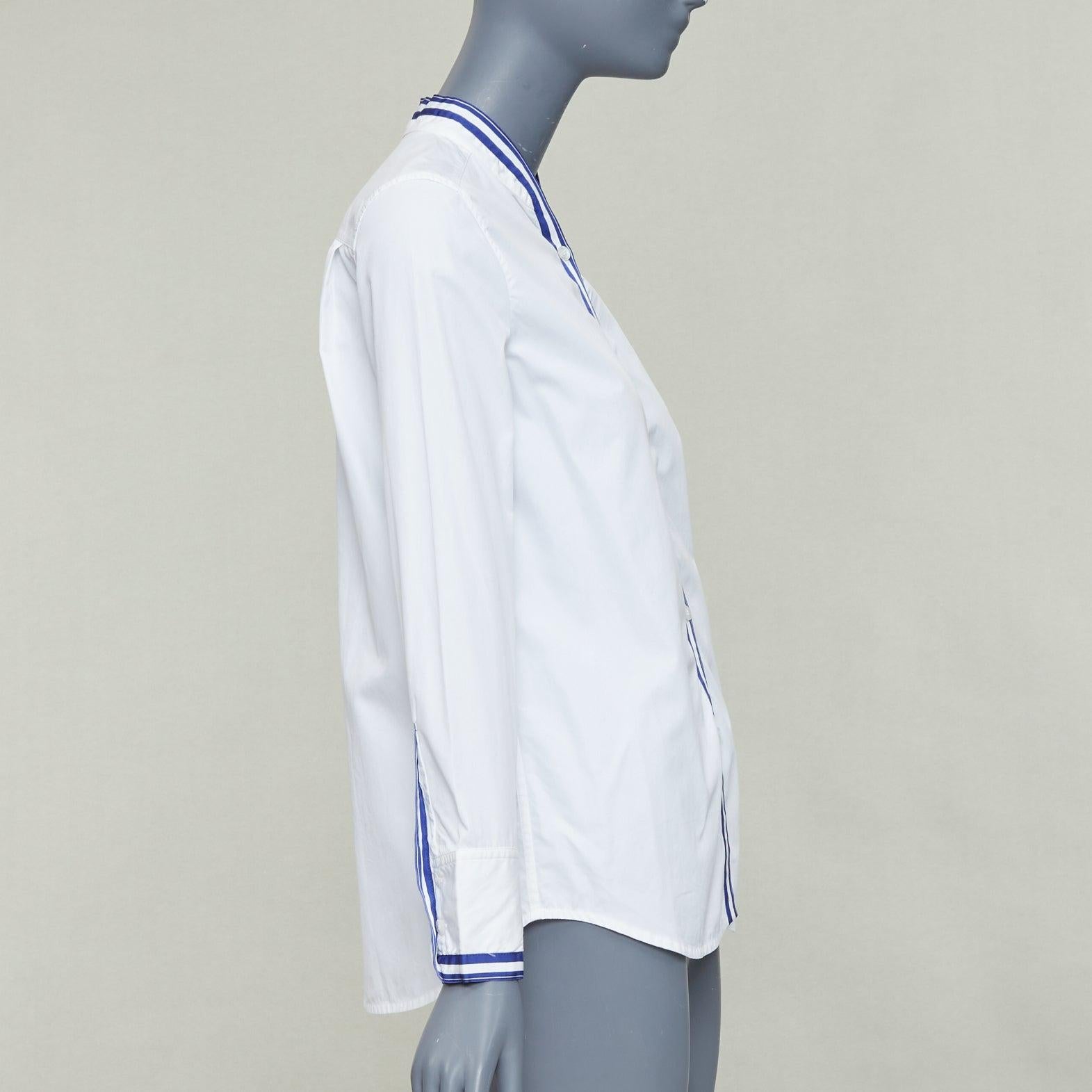 HERMES white blue 100% cotton nautical stripes short collar shirt FR34 XS In Good Condition For Sale In Hong Kong, NT