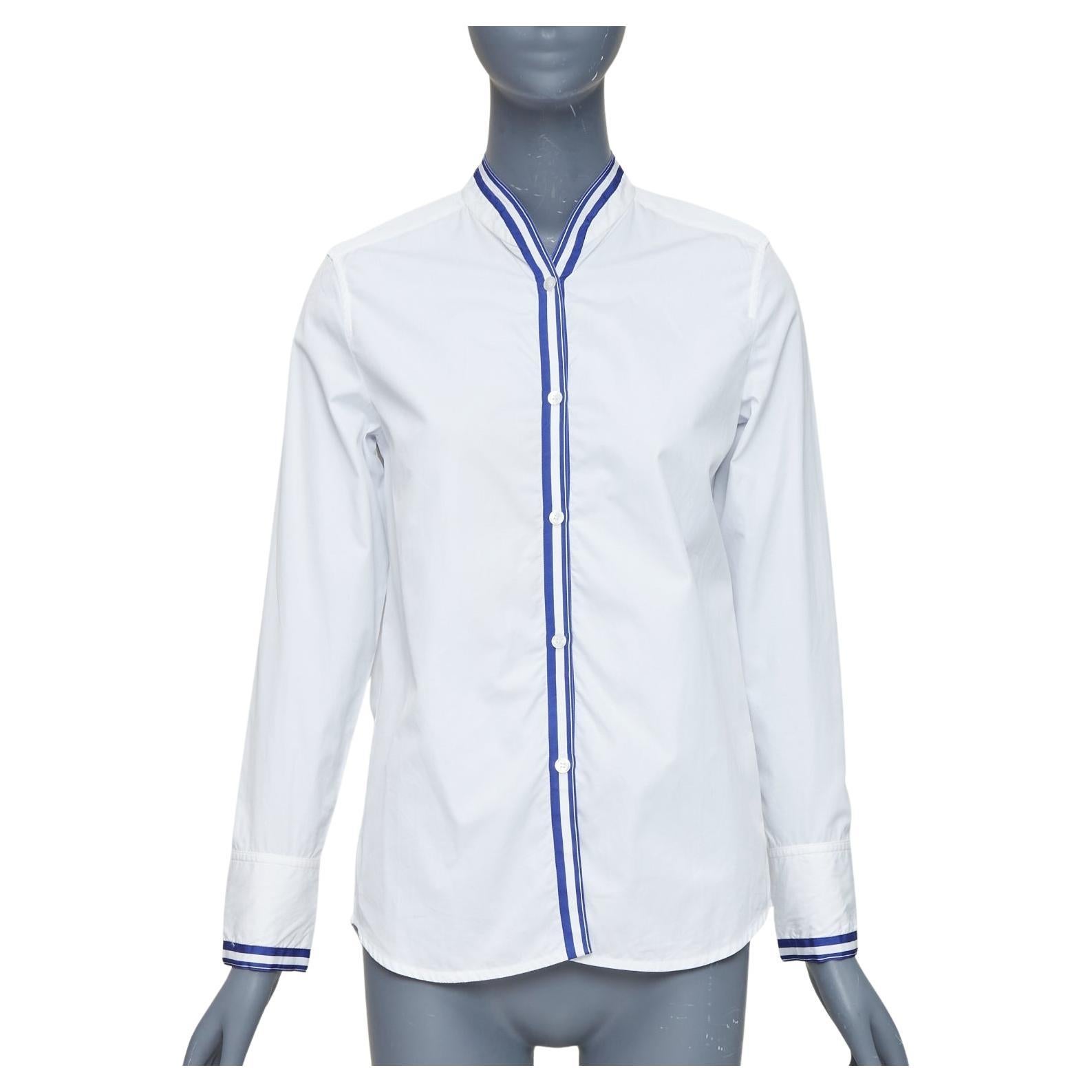 HERMES white blue 100% cotton nautical stripes short collar shirt FR34 XS For Sale