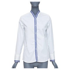 HERMES white blue 100% cotton nautical stripes short collar shirt FR34 XS