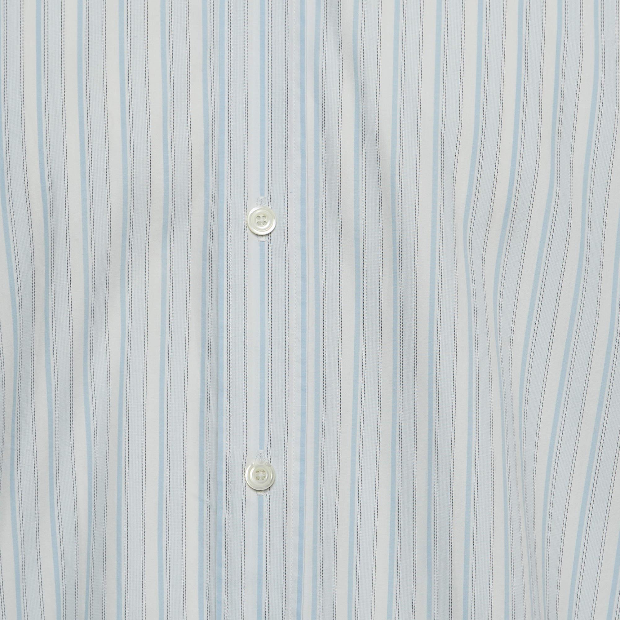 Hermes White/Blue Striped Cotton Long Sleeve Shirt XL In Excellent Condition In Dubai, Al Qouz 2