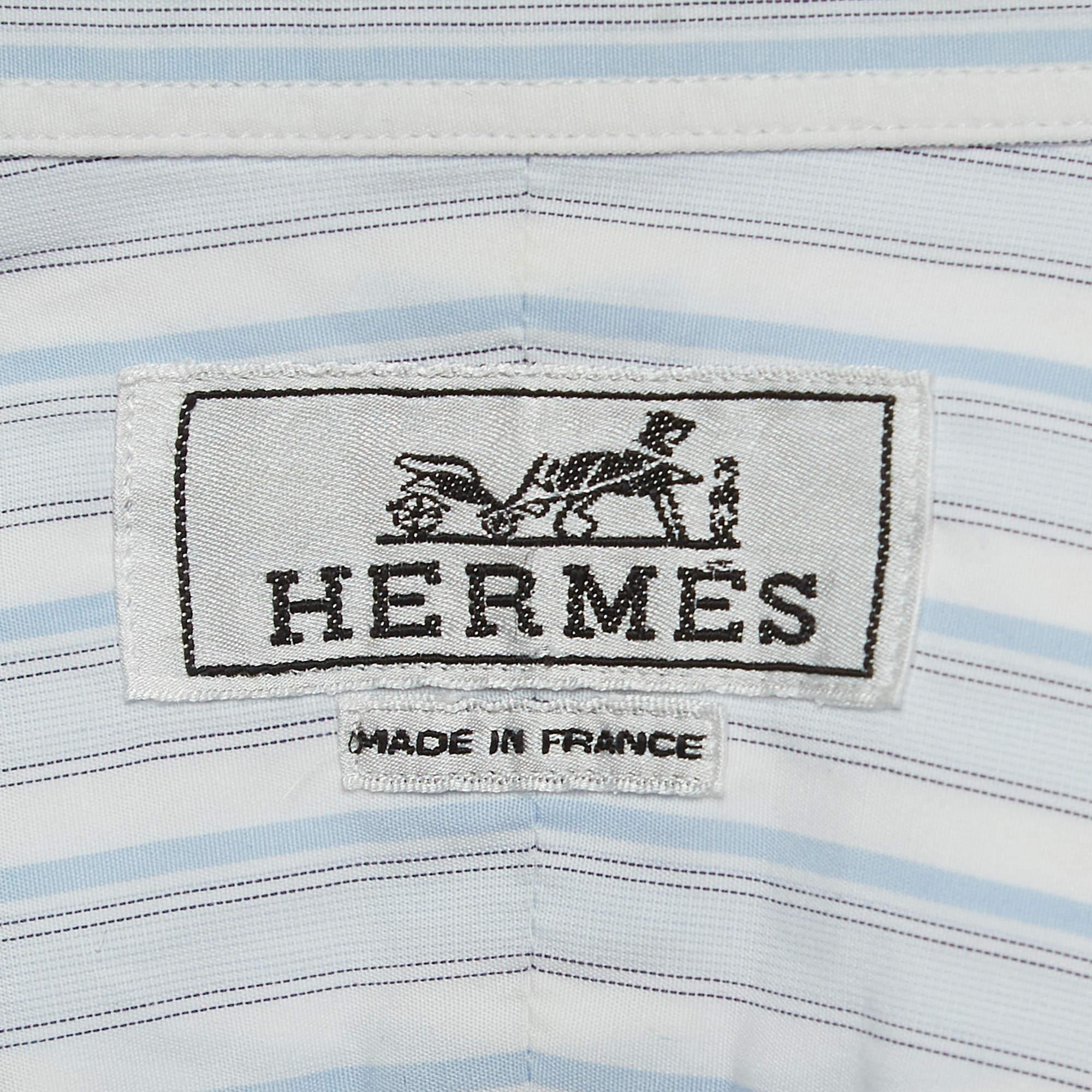 Men's Hermes White/Blue Striped Cotton Long Sleeve Shirt XL