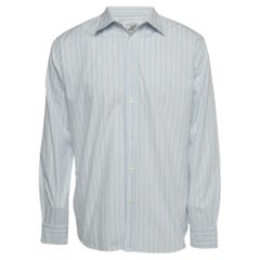 Hermes Weiß/Blau gestreiftes langärmeliges Hemd aus Baumwolle XL