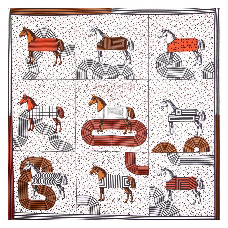 Hermes white and brown GARDE-ROBE POP 90 silk twilll Scarf at 1stDibs