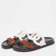 Hermes Weiß/Braun Leder und Wildleder Extra Flache Sandalen Größe 38