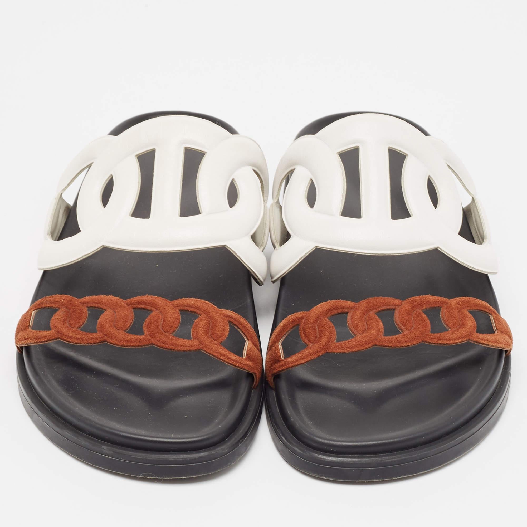 Black Hermes White/Brown Leather and Suede Extra Flat Sandals Size 38 For Sale