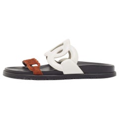 Hermes White/Brown Leather and Suede Extra Flat Sandals Size 38