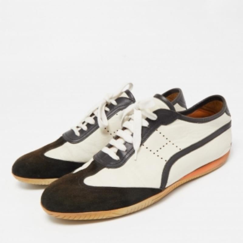 Hermes Weiß/Braun Leder und Wildleder Low Top Sneakers Größe 45 im Angebot 2