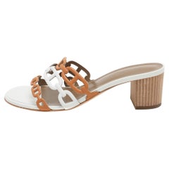 Hermes White/Brown Leather Tandem Slide Sandals Size 37