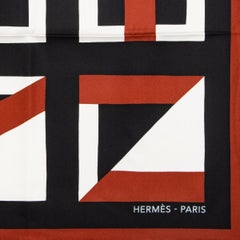 Hermes white & brown LETTRES AU CARRE 90 silk twill Scarf