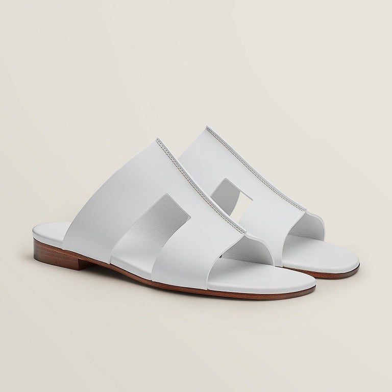 Gray Hermes White Calfskin Motto sandals