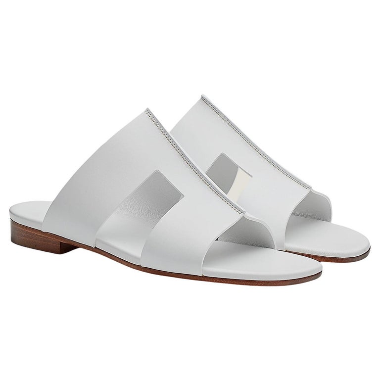 Hermes White Calfskin Motto sandals