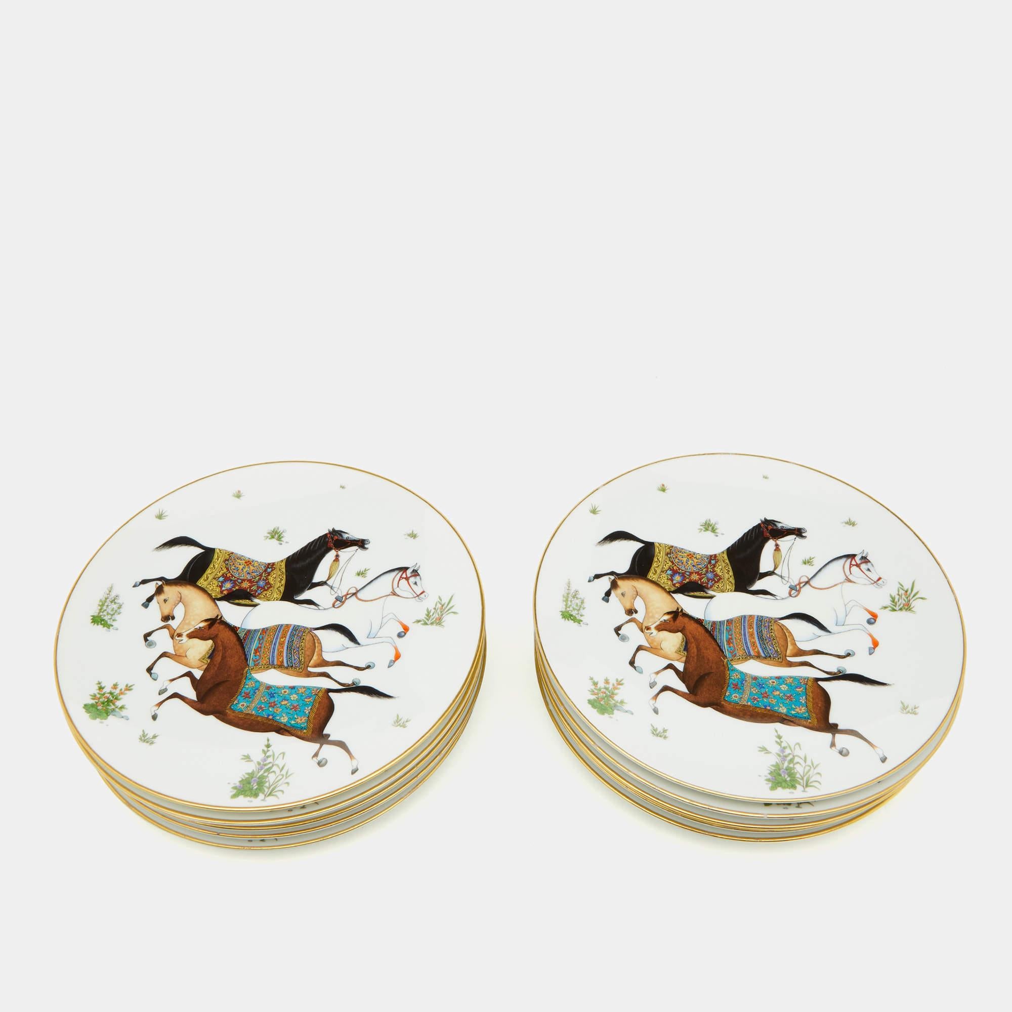 Hermes White Cheval d’Orient Printed Porcelain Dessert Plates Set of 10 3