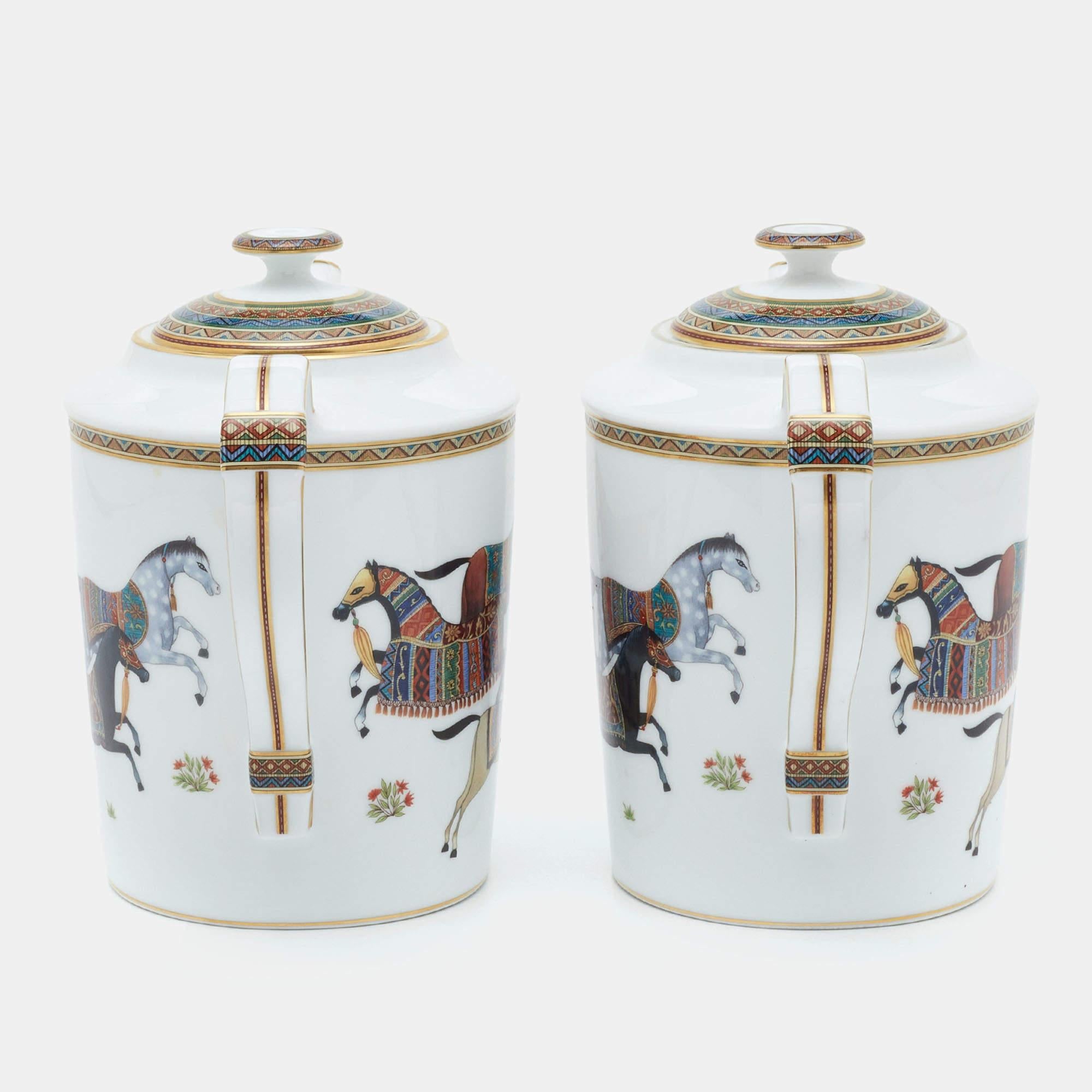 Women's or Men's Hermès White Cheval d’Orient Printed Porcelain Teapots Set of 2