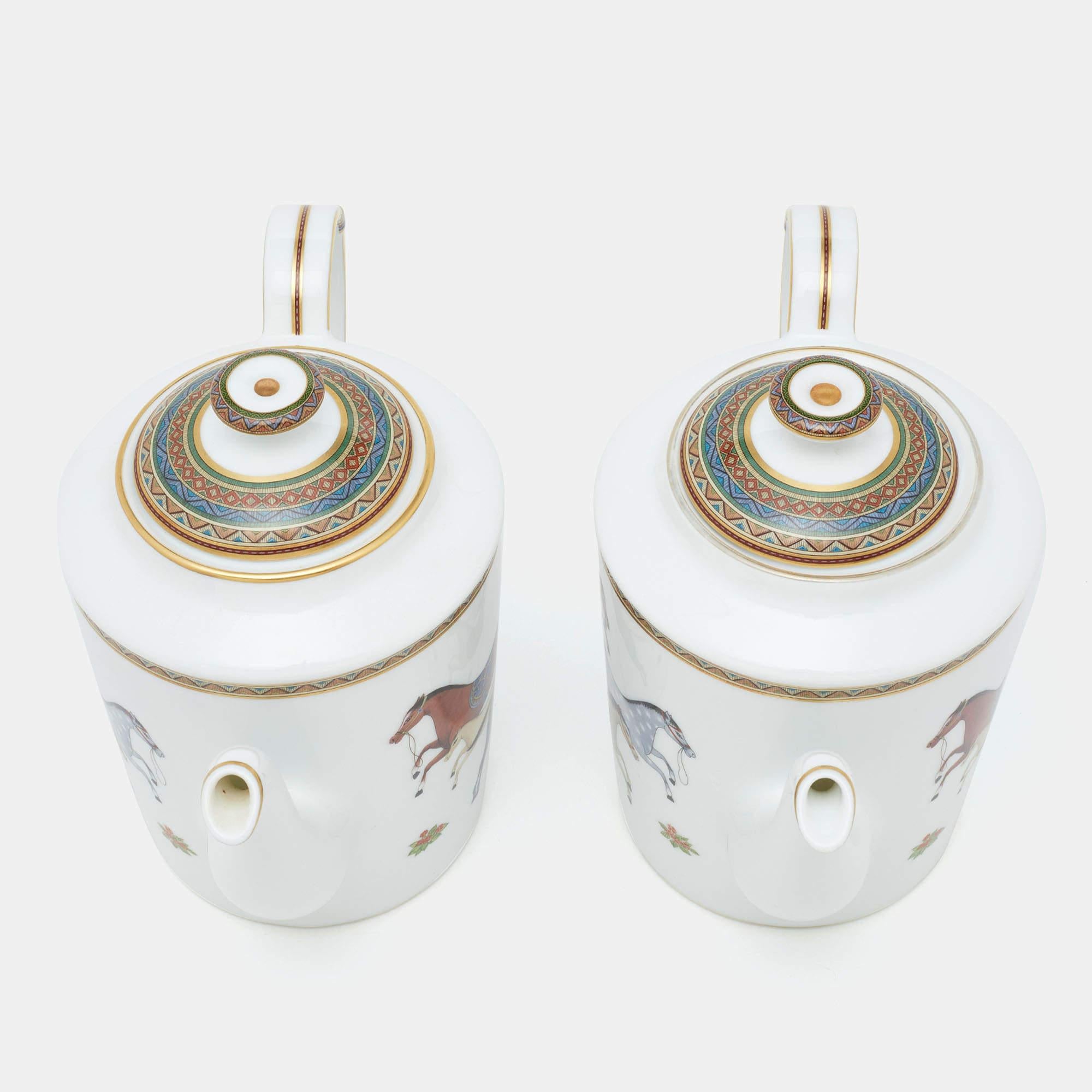 Hermès White Cheval d’Orient Printed Porcelain Teapots Set of 2 1