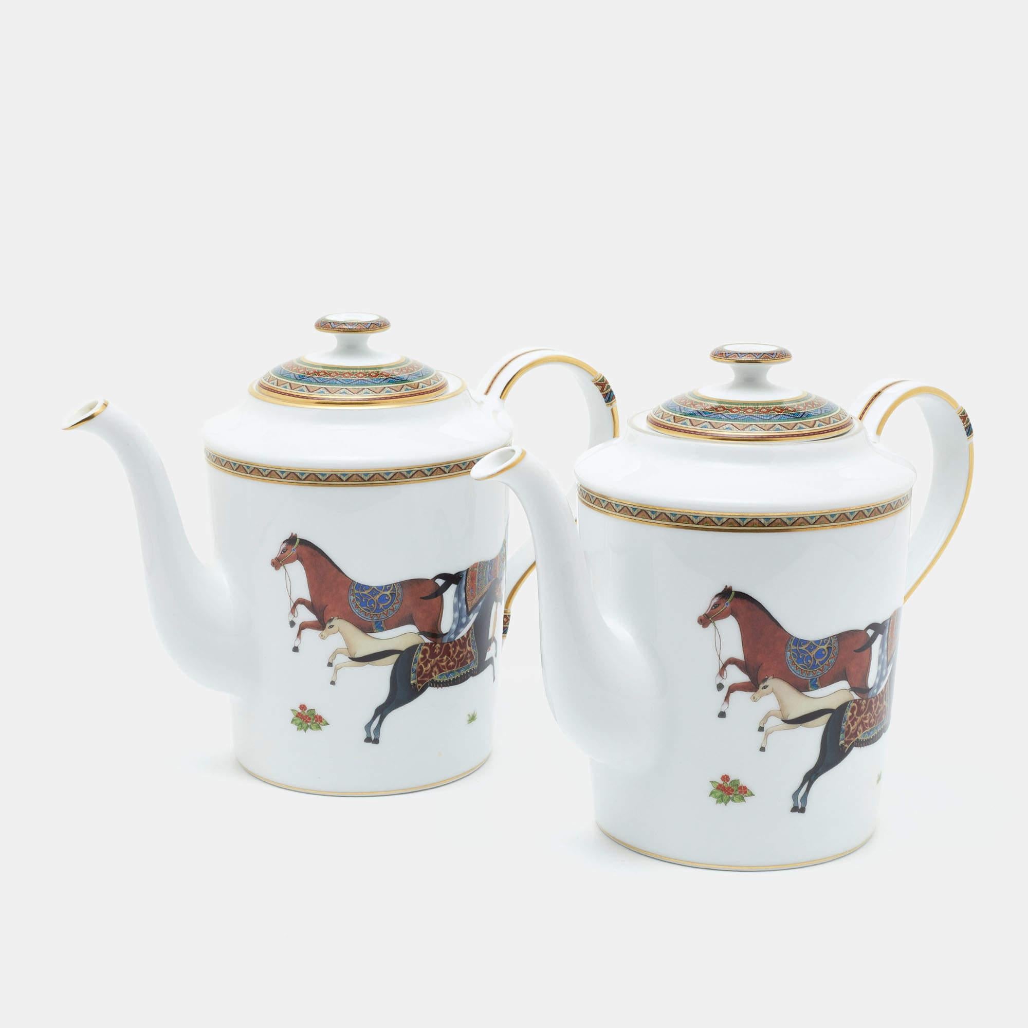 Hermès White Cheval d’Orient Printed Porcelain Teapots Set of 2 4