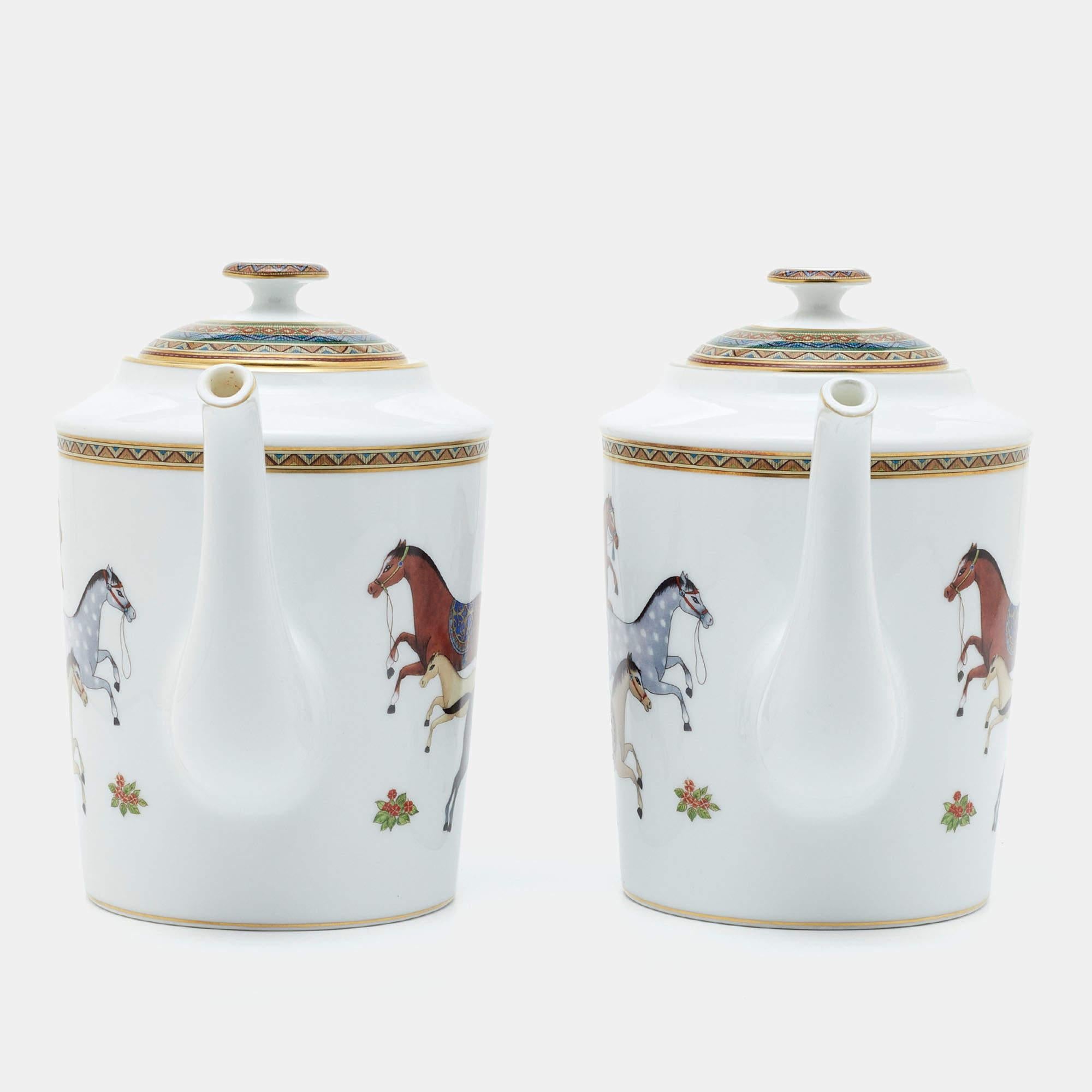 Hermès White Cheval d’Orient Printed Porcelain Teapots Set of 2 5