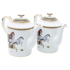 Hermès White Cheval d’Orient Printed Porcelain Teapots Set of 2
