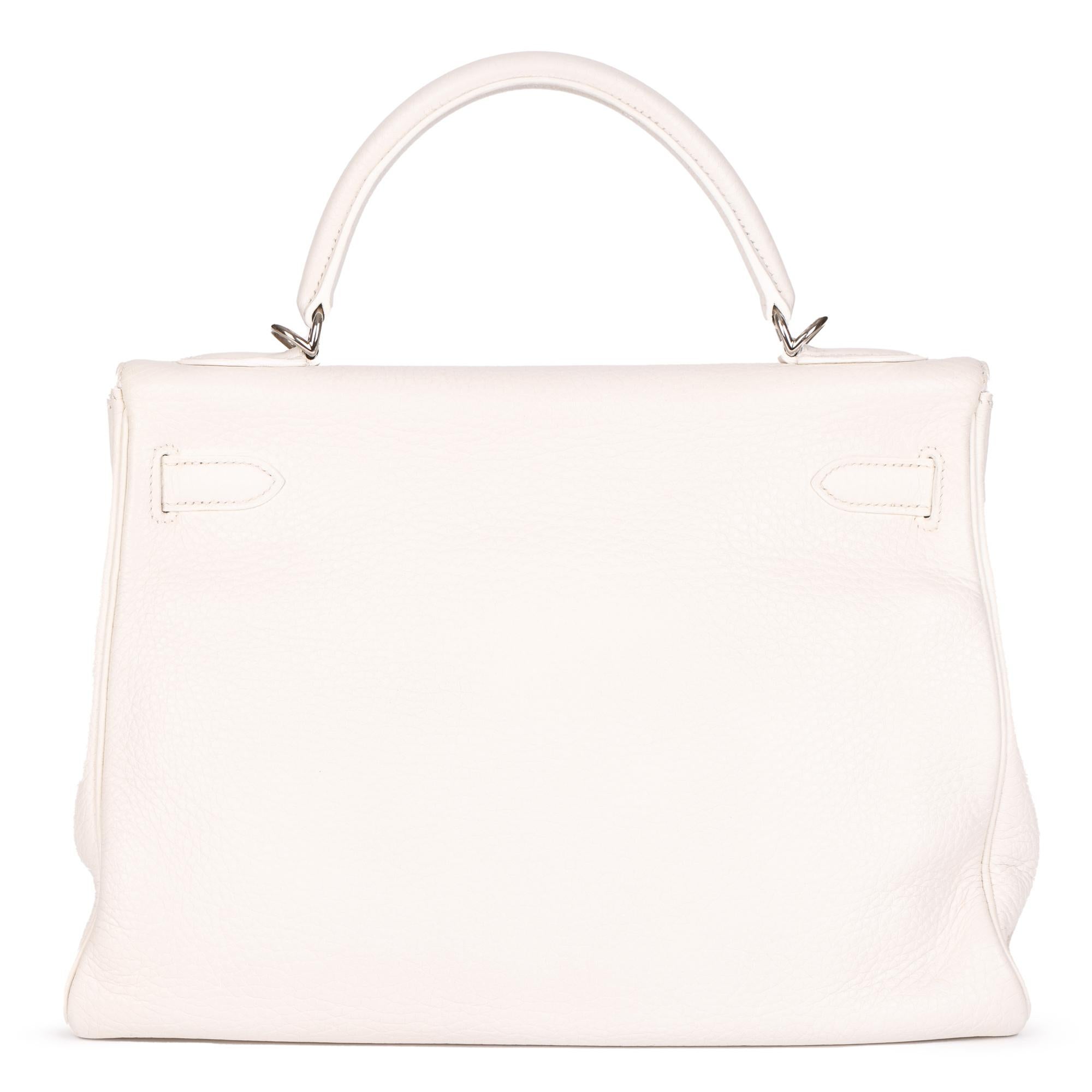 Donna Hermès White Clemence Leather Kelly 32cm Retourne in vendita